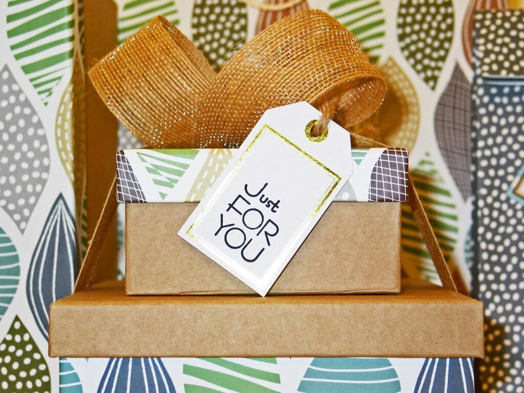 A neatly wrapped gift box with decorative ribbon and 'Just For You' tag, perfect for celebrations.